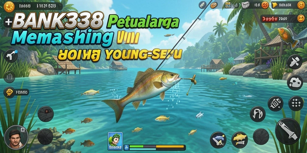 Tampilan utama gameplay BANK338 saat memancing di danau.
