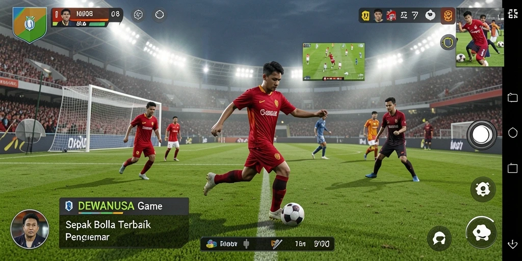 Screenshot gameplay DEWANUSA menampilkan aksi seru di lapangan sepak bola.