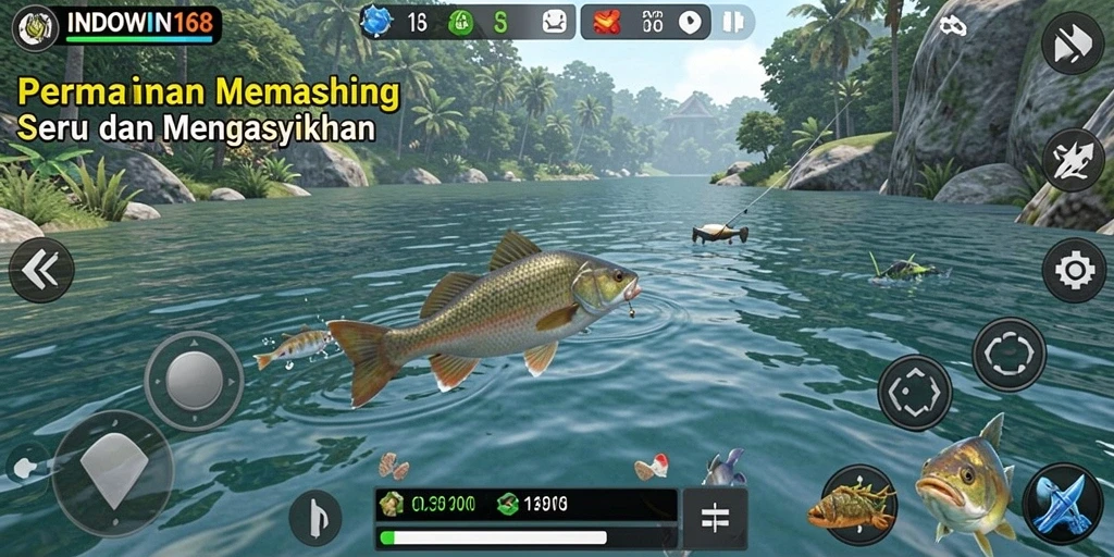 Tampilan gameplay INDOWIN168 yang menarik saat memancing berbagai ikan.
