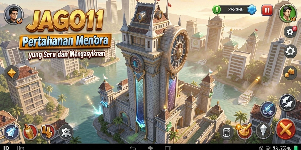 Screenshot gameplay JAGO11 menampilkan menara pertahanan yang strategis.
