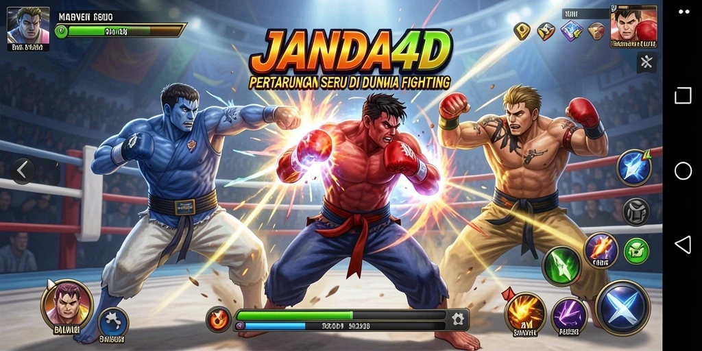 Tangkapan layar utama menunjukkan pertarungan mendebarkan di arena JANDA4D.
