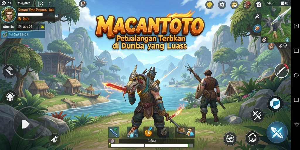 Tangkapan layar utama MACANTOTO menampilkan panorama indah dunia terbuka.