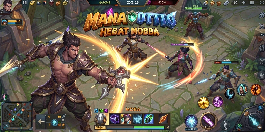 Tangkapan layar gameplay seru dalam MANADOTOTO dengan aksi MOBA yang intens.
