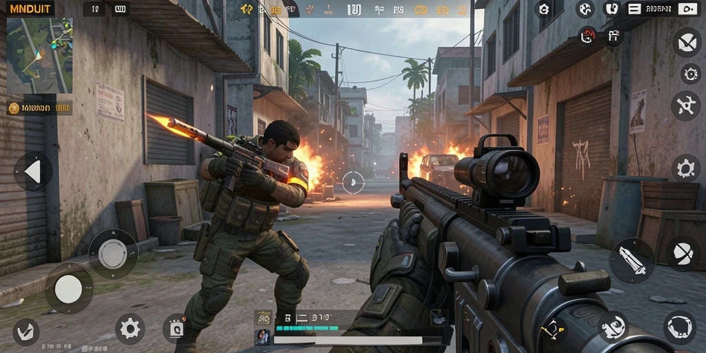 Tampilan gameplay seru dan menegangkan di MNDUIT dengan aksi FPS.