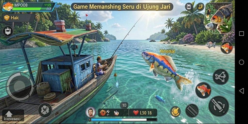 Screenshot MPO08 menunjukkan aksi memancing seru dengan grafis memukau.