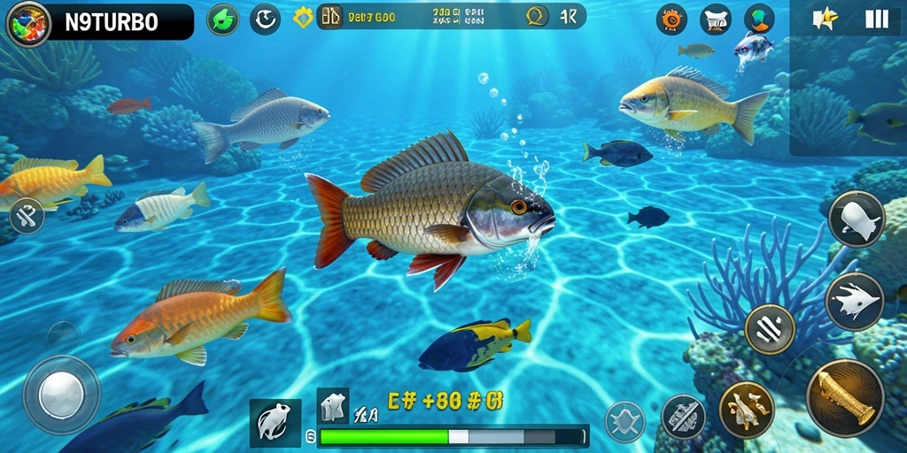 Tampilan gameplay N9TURBO saat menembak ikan dengan efek visual menawan.