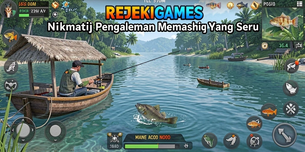 Screenshot gameplay REJEKIGAMES menampilkan aksi memancing yang seru.